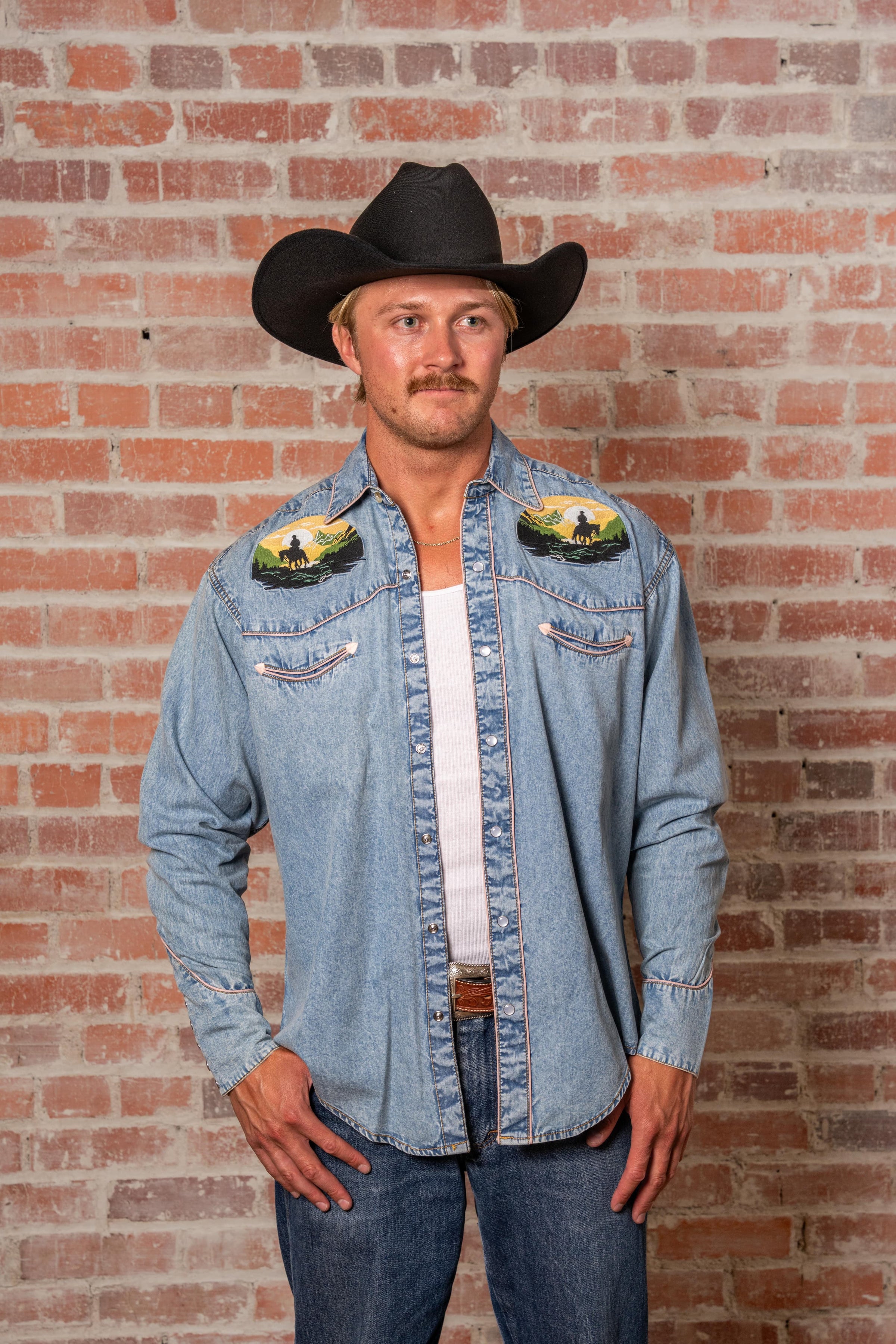Men's Denim Cowboy Sunset Embroidery Western Shirt