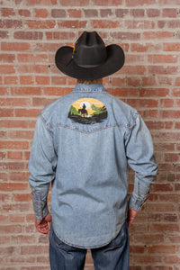 Men's Denim Cowboy Sunset Embroidery Western Shirt