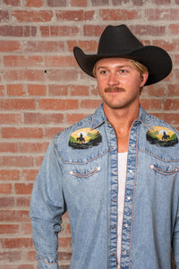Men's Denim Cowboy Sunset Embroidery Western Shirt
