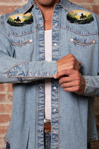 Men's Denim Cowboy Sunset Embroidery Western Shirt