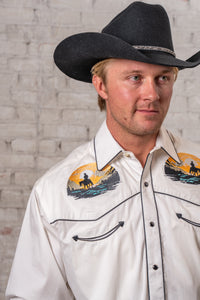 Men's Ivory Cowboy Sunset Embroidery Western Shirt