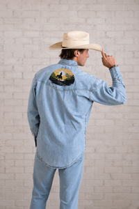 Men's Denim Cowboy Sunset Embroidery Western Shirt