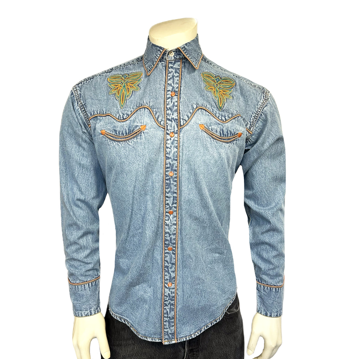 Men's Denim Boot Design Embroidered Western Shirt - Rockmount