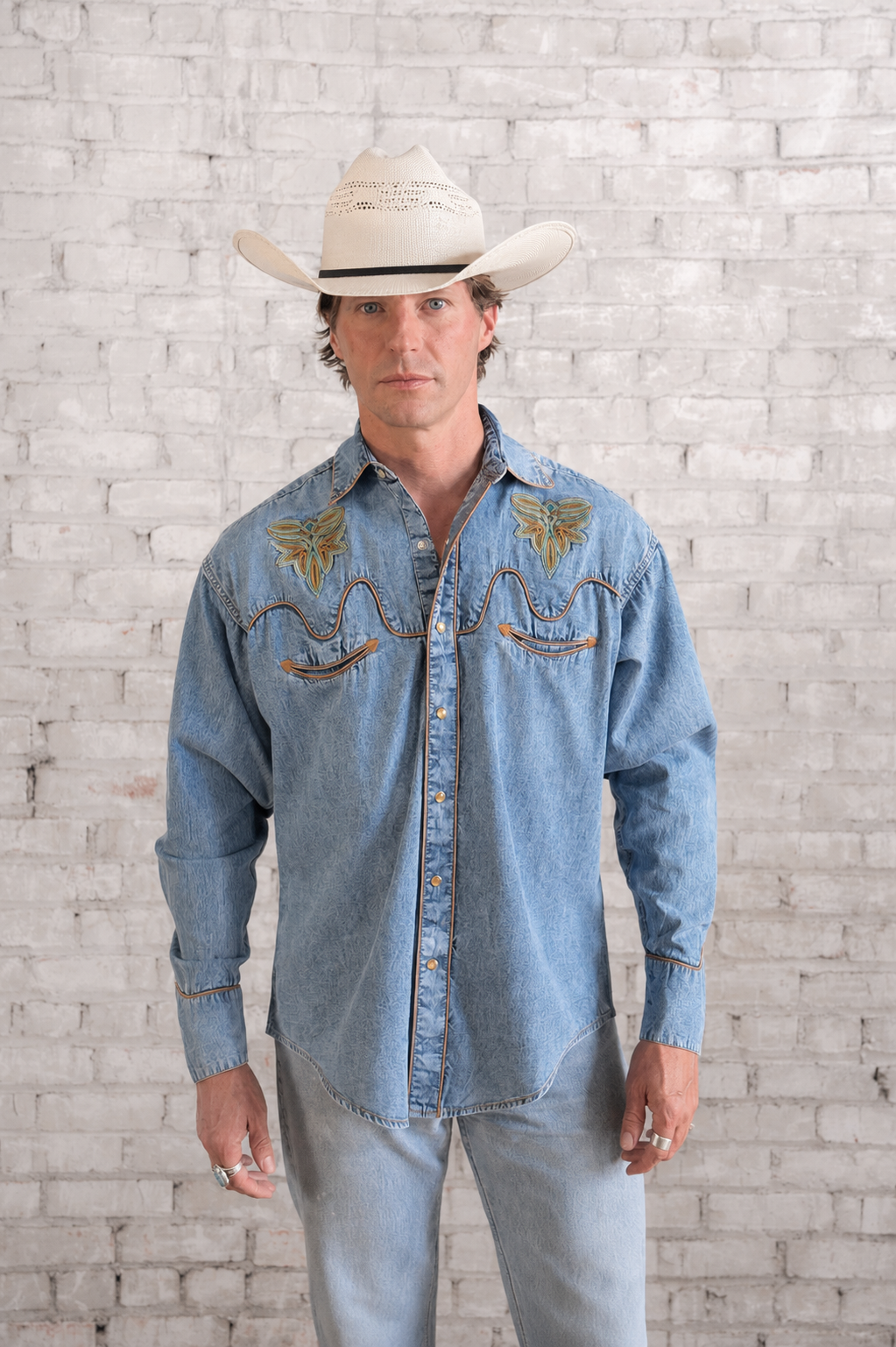 Men's Denim Boot Bug Embroidered Western Shirt