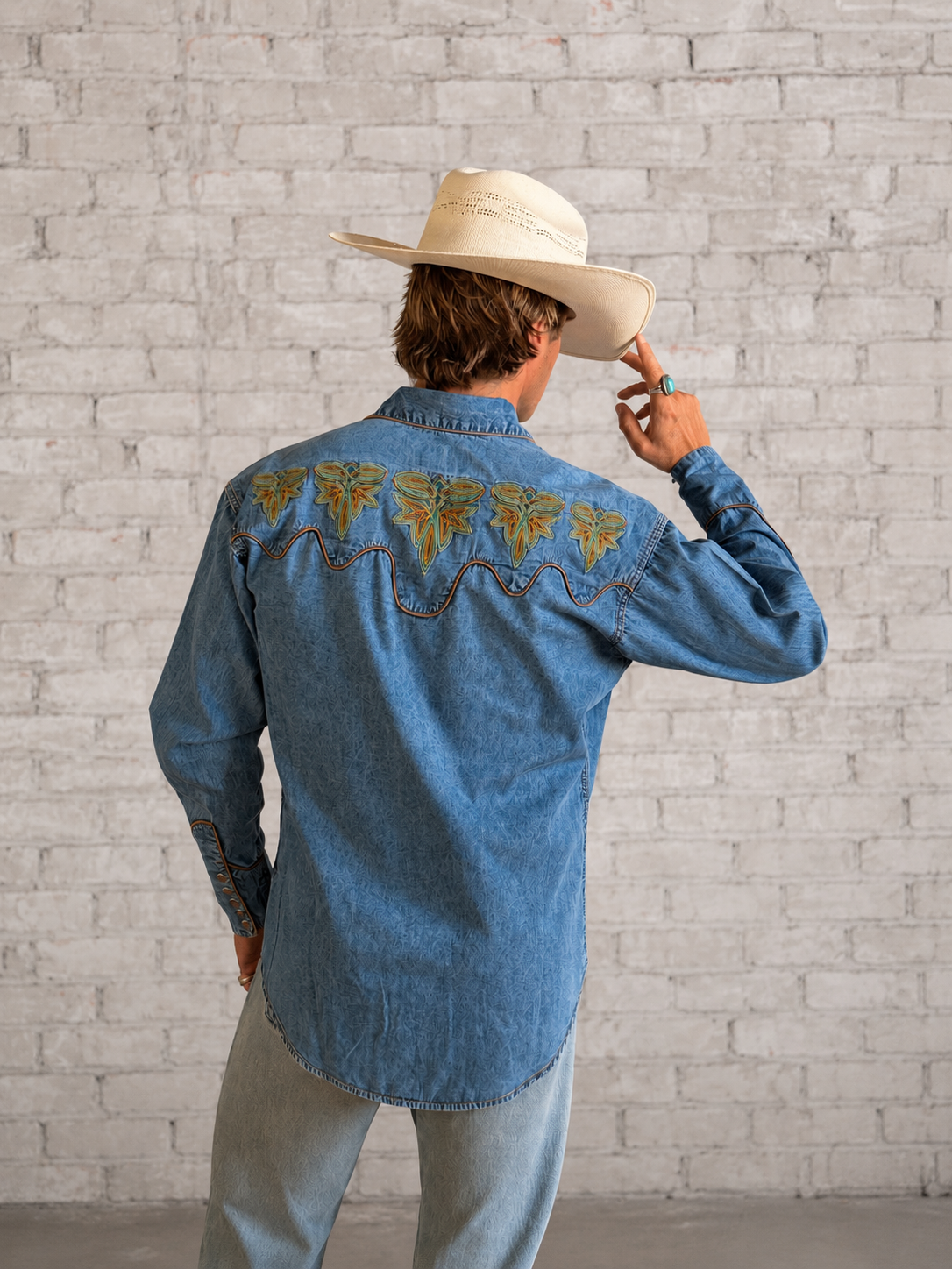 Men's Denim Boot Bug Embroidered Western Shirt
