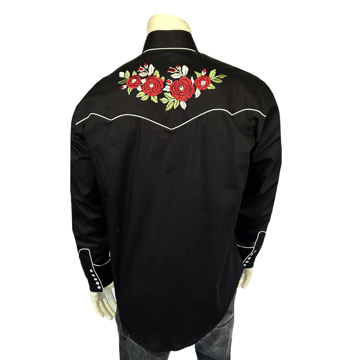 Men's Black & Burgundy Floral Embroidered Western Shirt