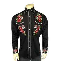 Men's Black & Burgundy Floral Embroidered Western Shirt