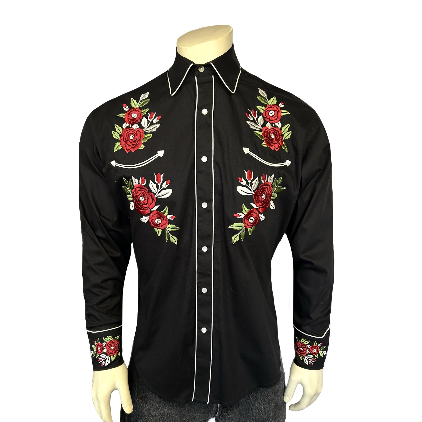 Men's Black & Burgundy Floral Embroidered Western Shirt