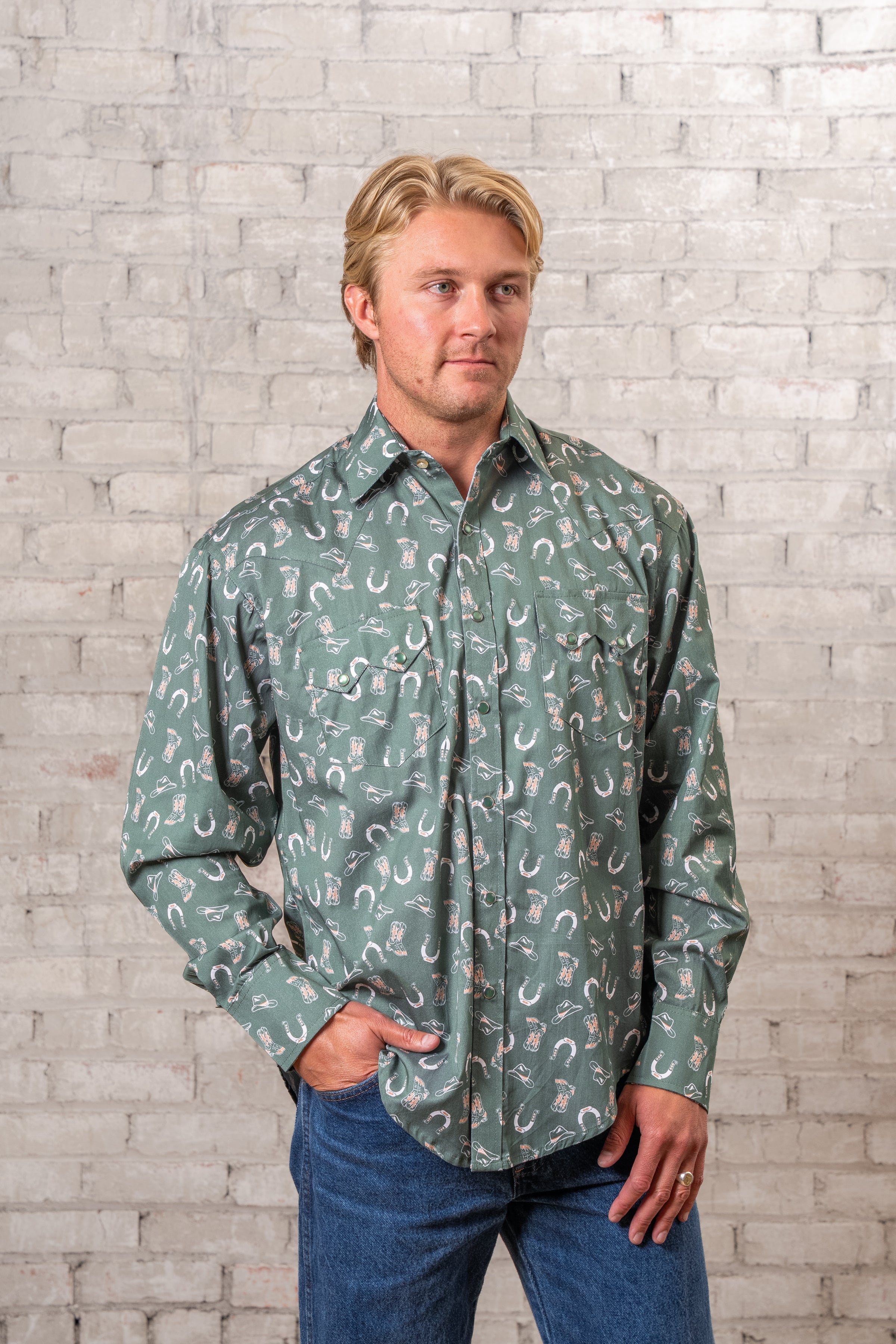 Men’s Green Horseshoe Print Western Shirt