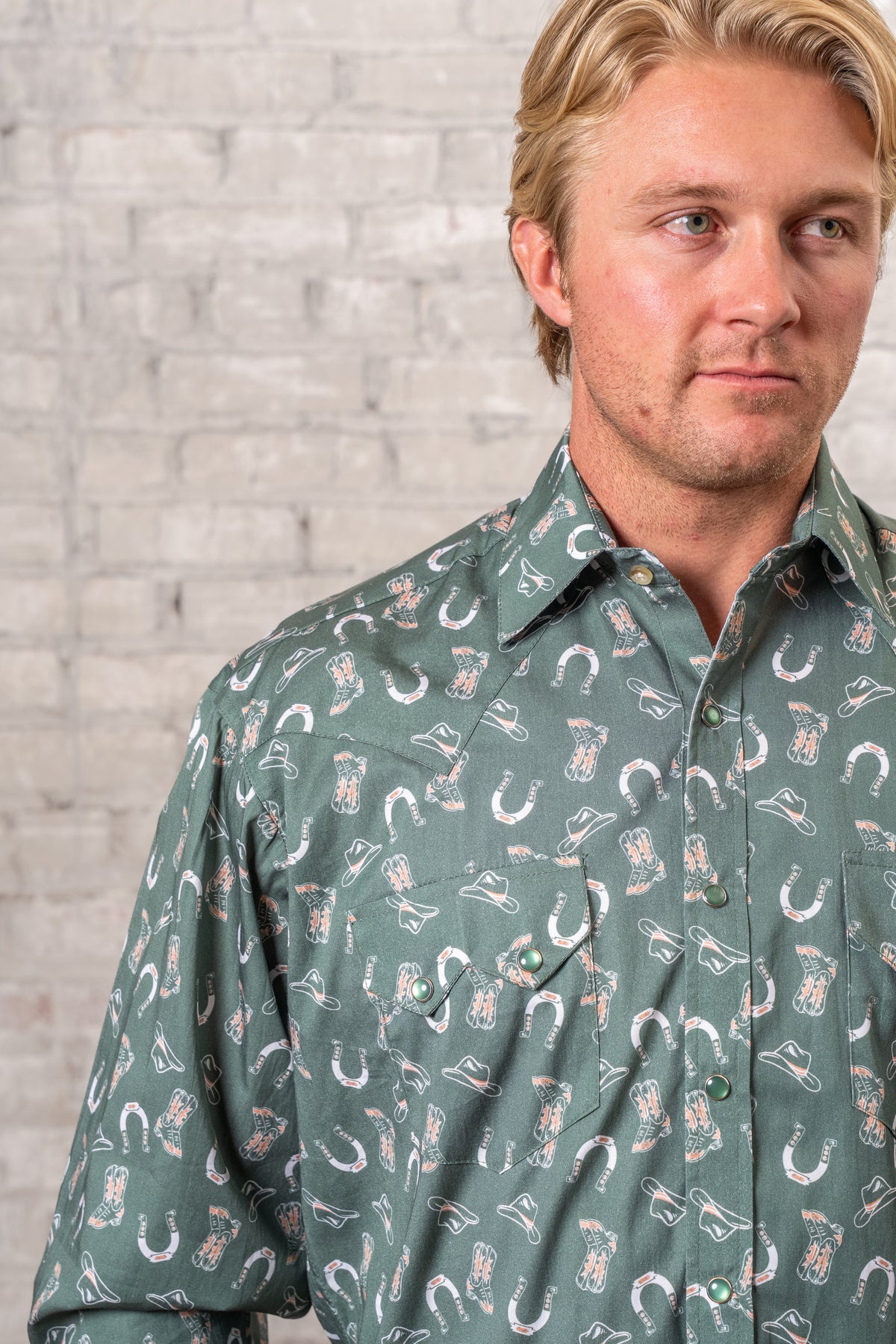 Men’s Green Horseshoe Print Western Shirt