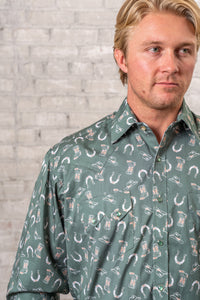 Men’s Green Horseshoe Print Western Shirt