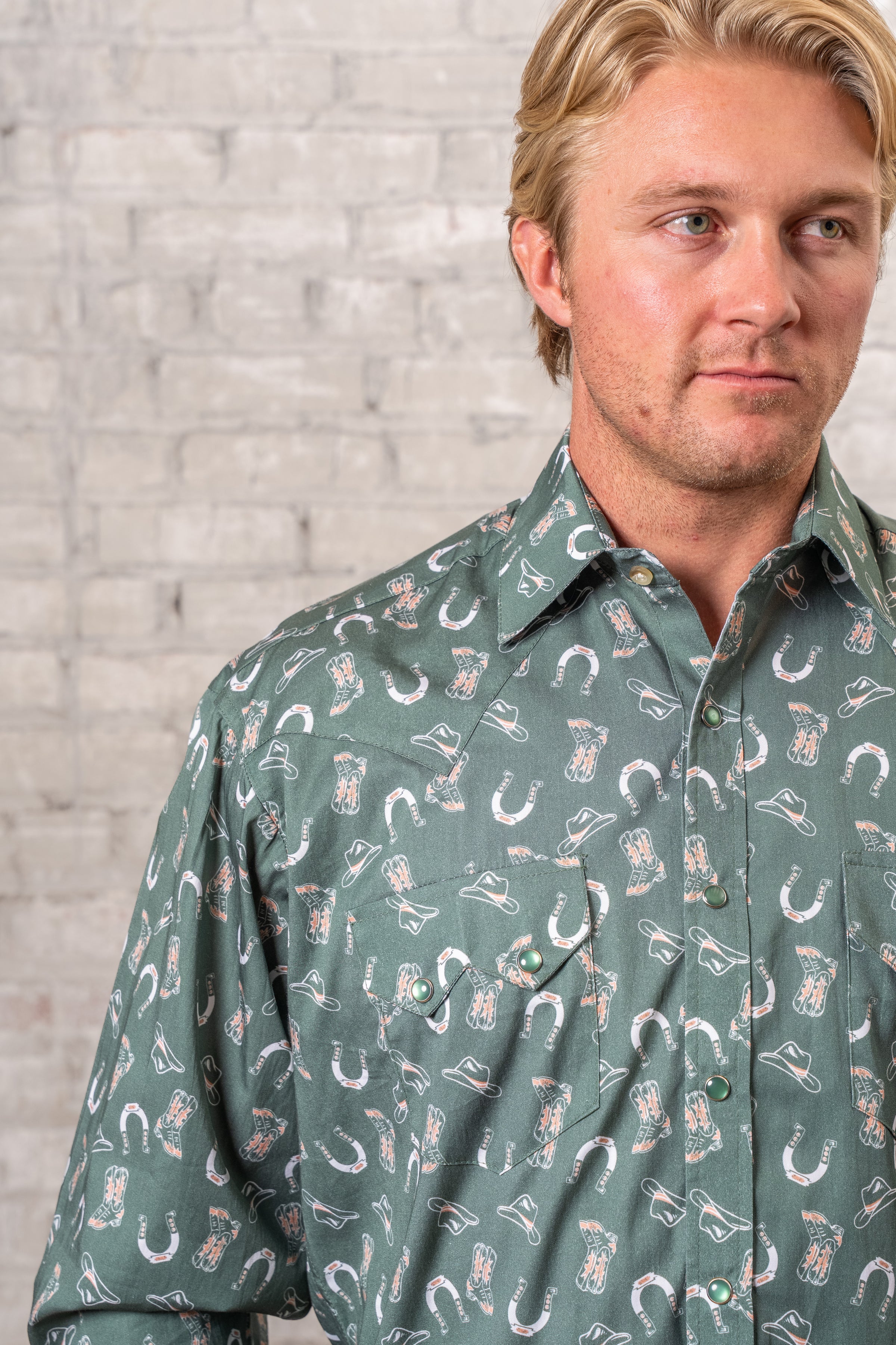 Men’s Green Horseshoe Print Western Shirt