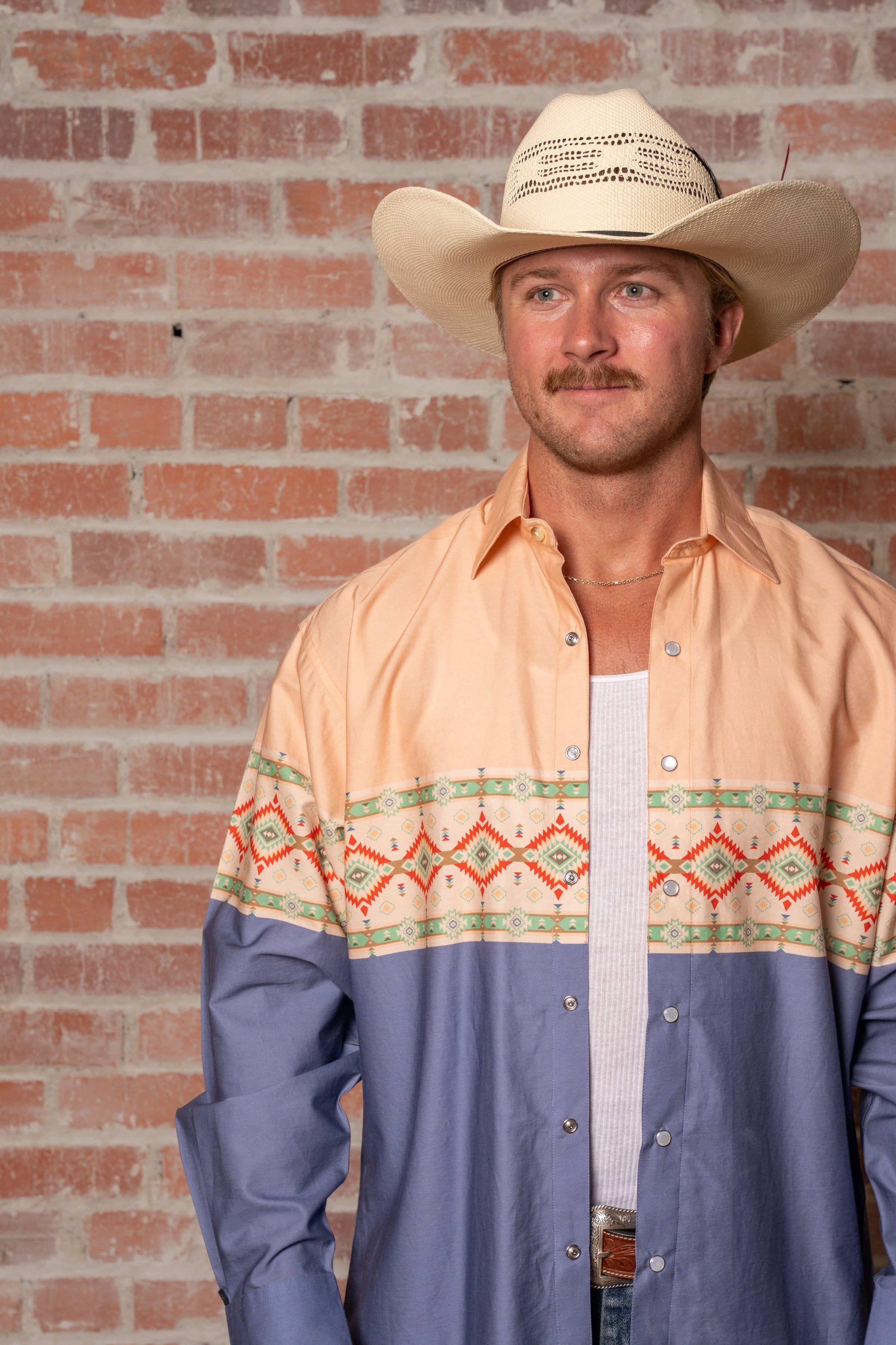 Native Pattern Peach & Blue 2-Tone Print Western Shirt
