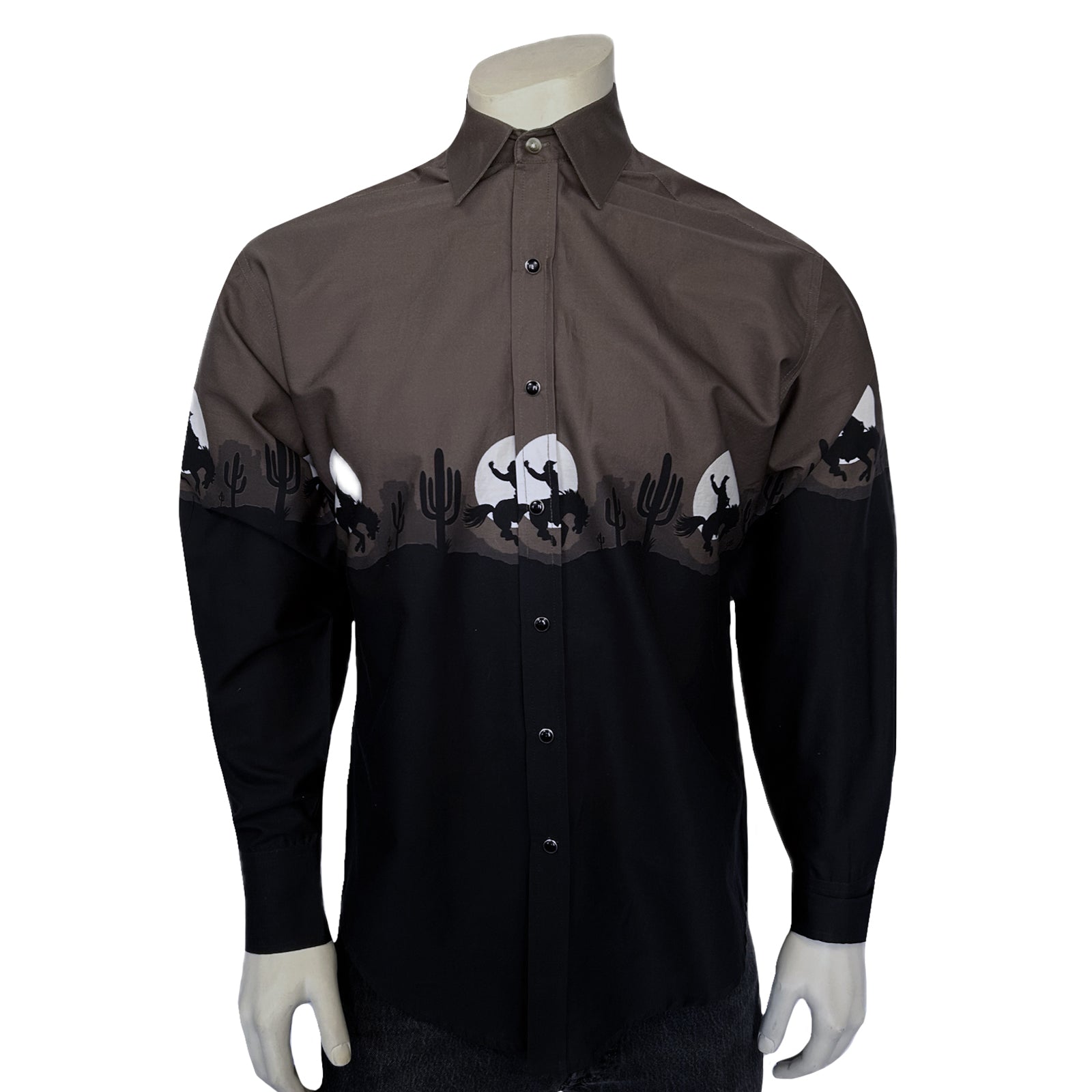 Men's Long Sleeve Brown/Black 2-Tone Moonlit Cowboy Western Print - Rockmount