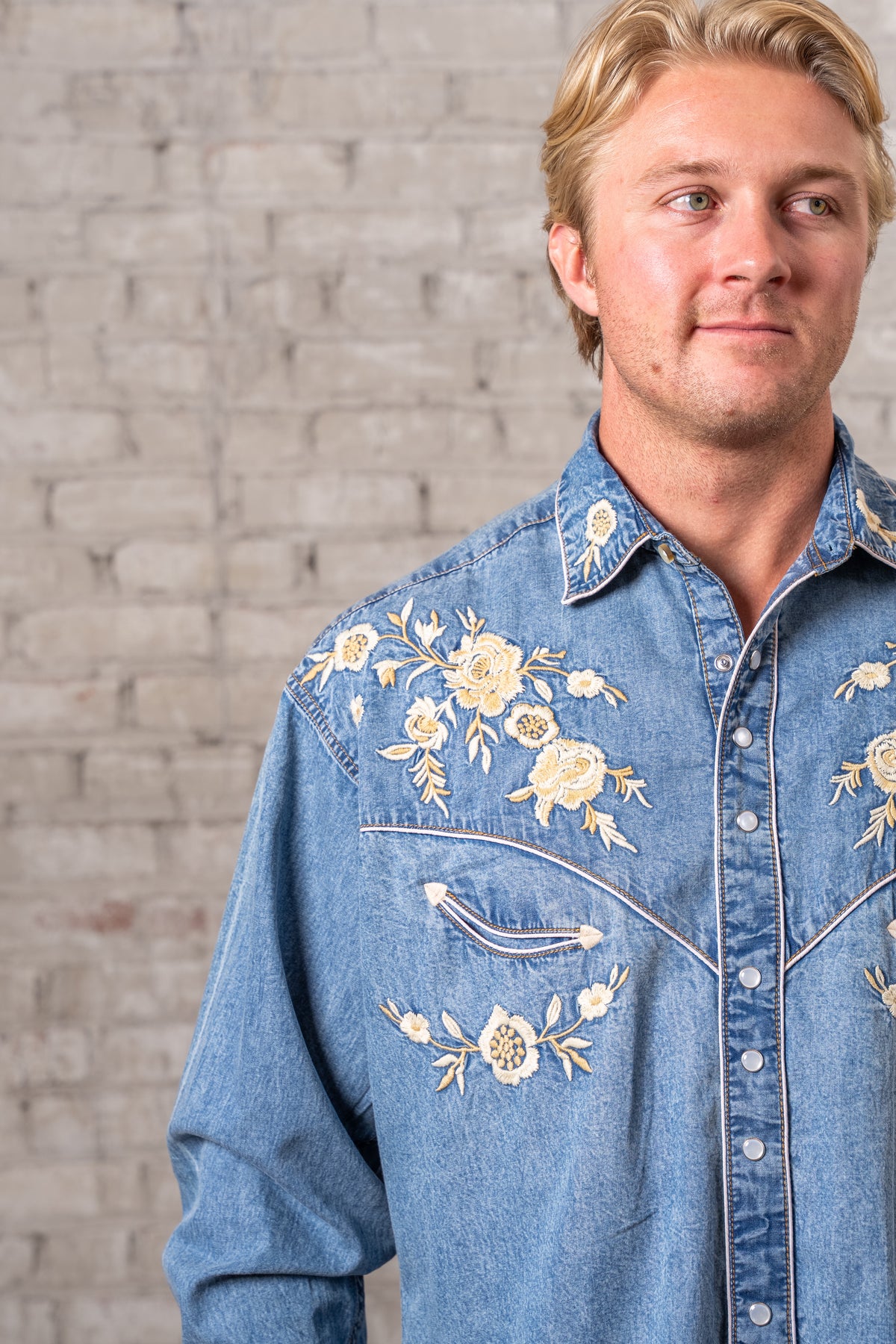 Men's Vintage Denim Floral Embroidered Western Shirt