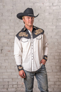 Men’s Vintage 2-Tone Khaki & Black Floral Embroidered Western Shirt