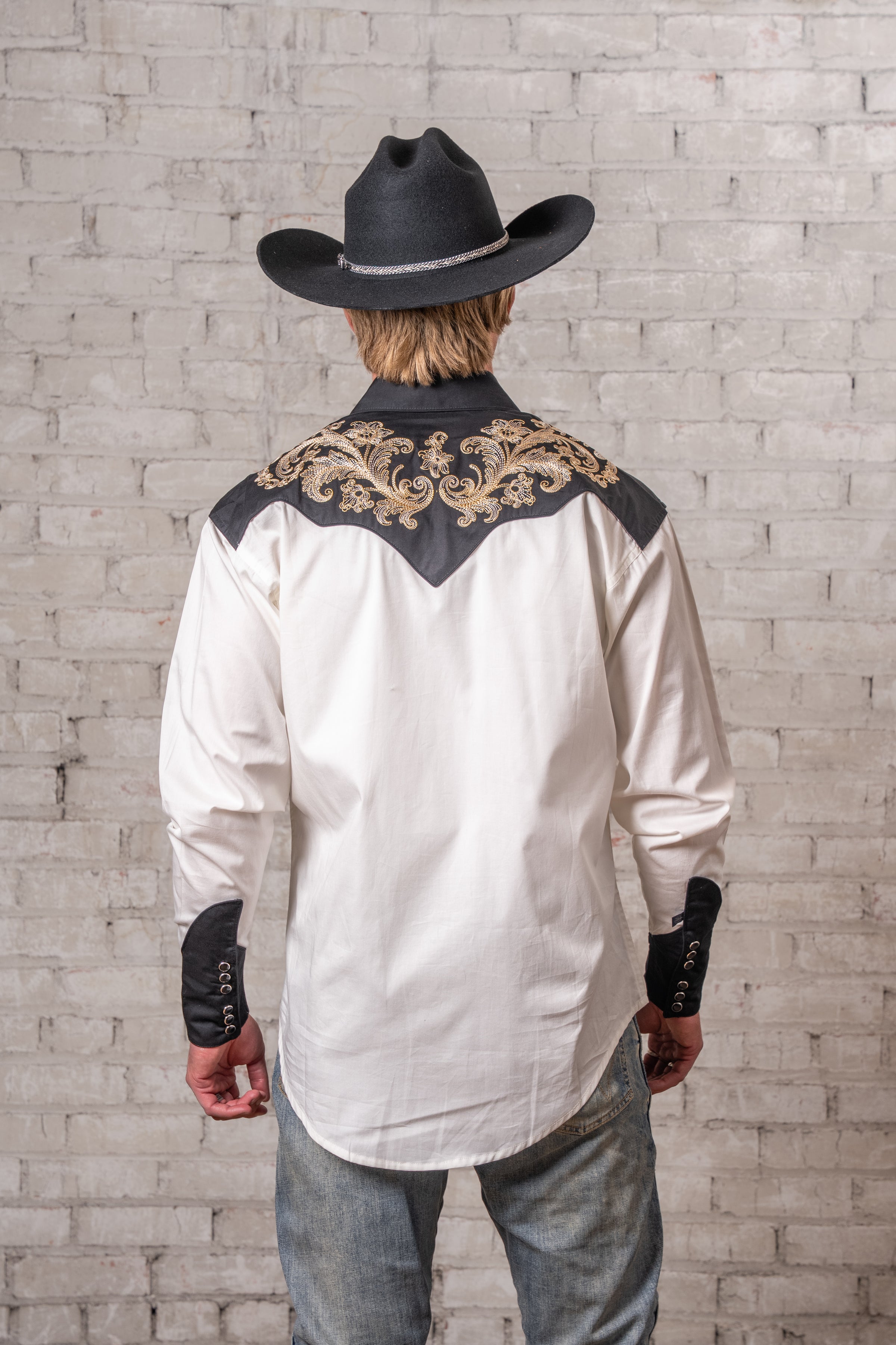 Men’s Vintage 2-Tone Khaki & Black Floral Embroidered Western Shirt