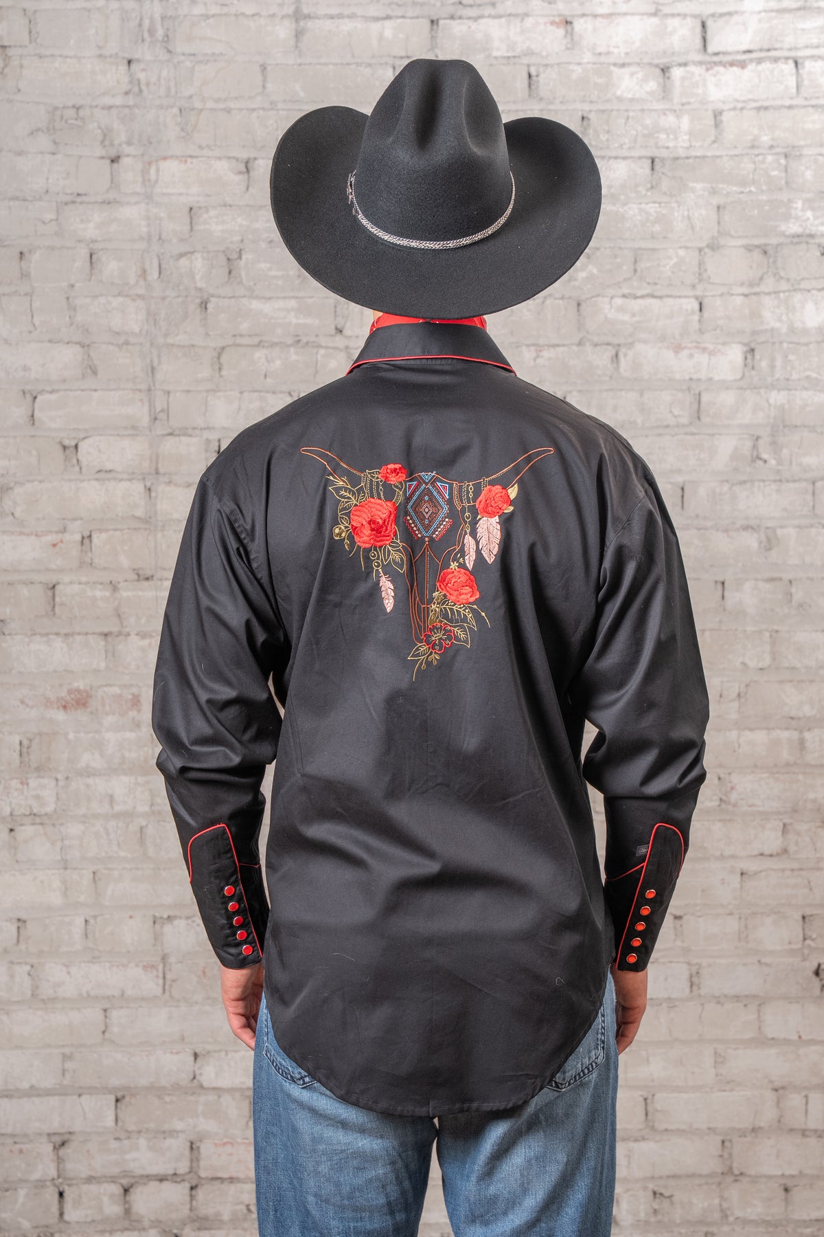 Men's Black Red Roses & Steerhead Embroidered Western Shirt
