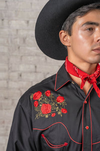 Men's Black Red Roses & Steerhead Embroidered Western Shirt