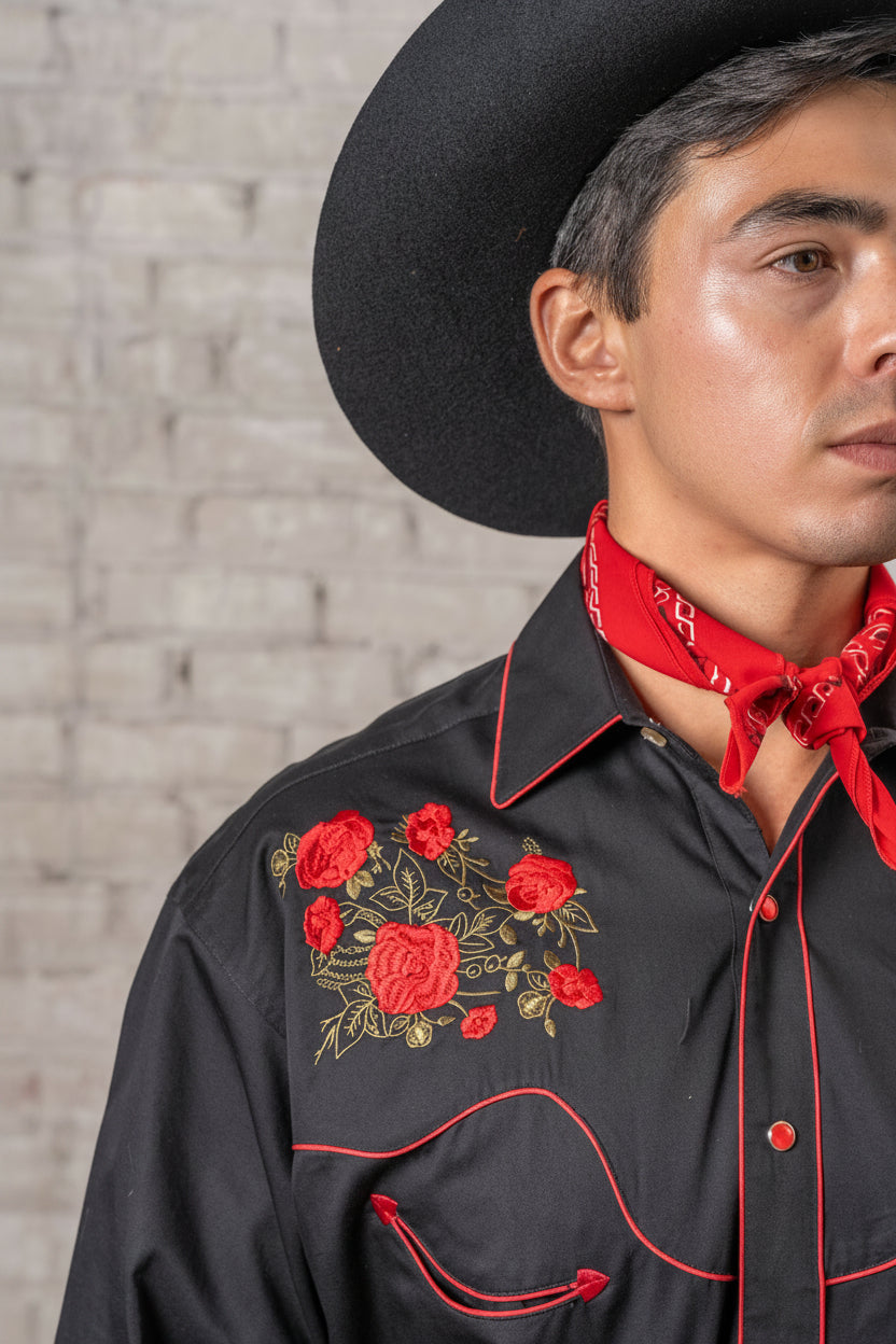 Men's Black Red Roses & Steerhead Embroidered Western Shirt