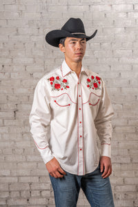 Men's Ivory Red Roses and Steerhead Embroidered Western Shirt
