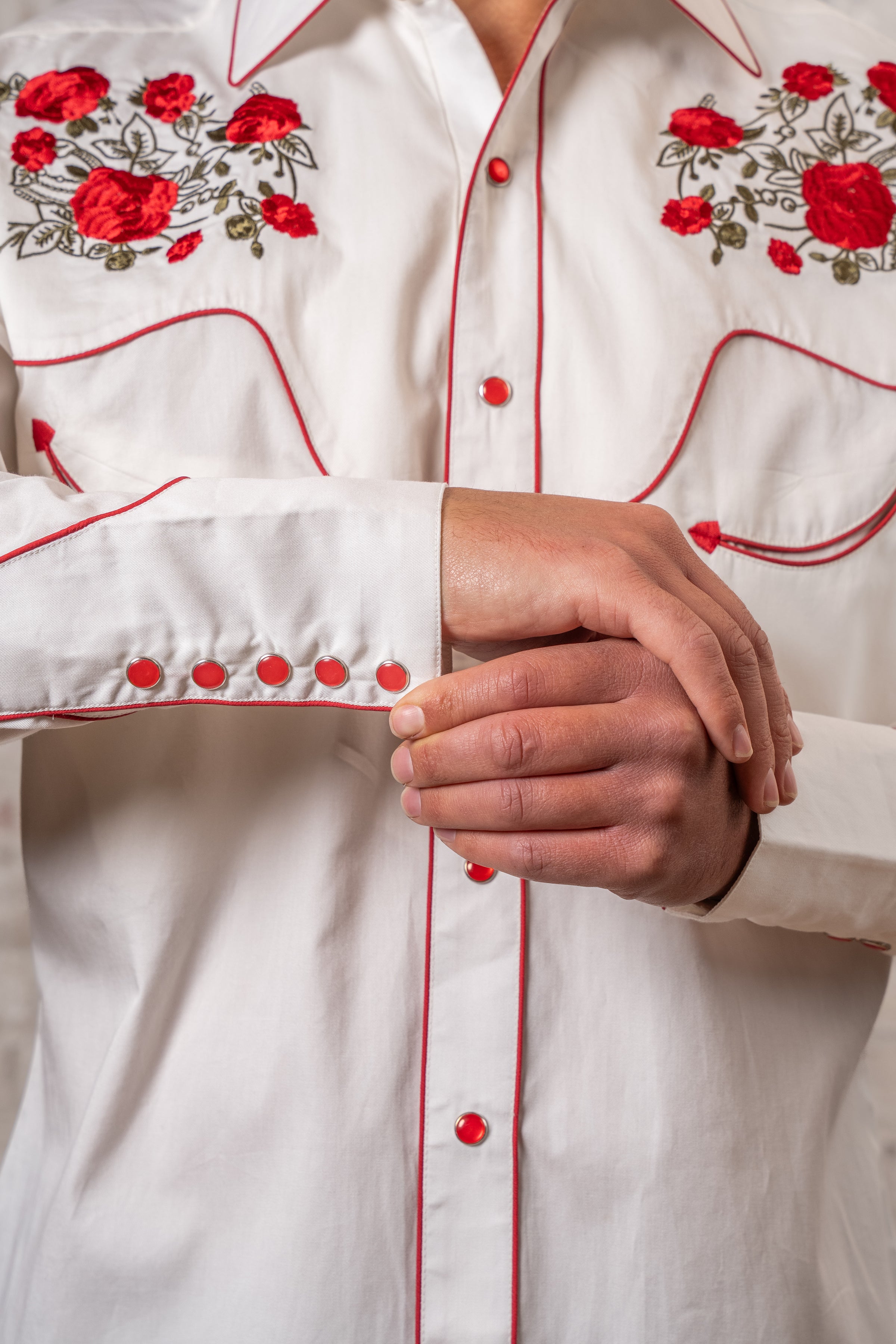 Men's Ivory Red Roses and Steerhead Embroidered Western Shirt