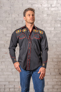 Men's Black Native American Embroidered Western Shirt