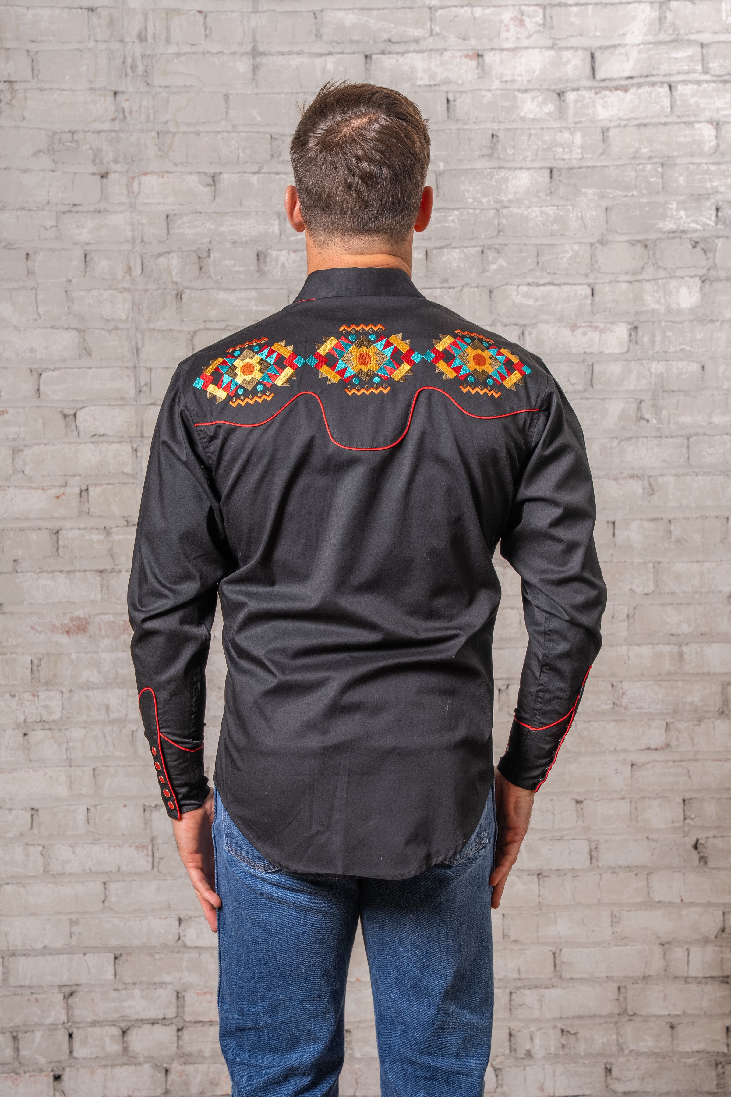 Men's Black Native American Embroidered Western Shirt