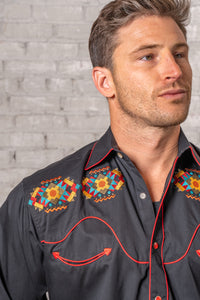 Men's Black Native American Embroidered Western Shirt