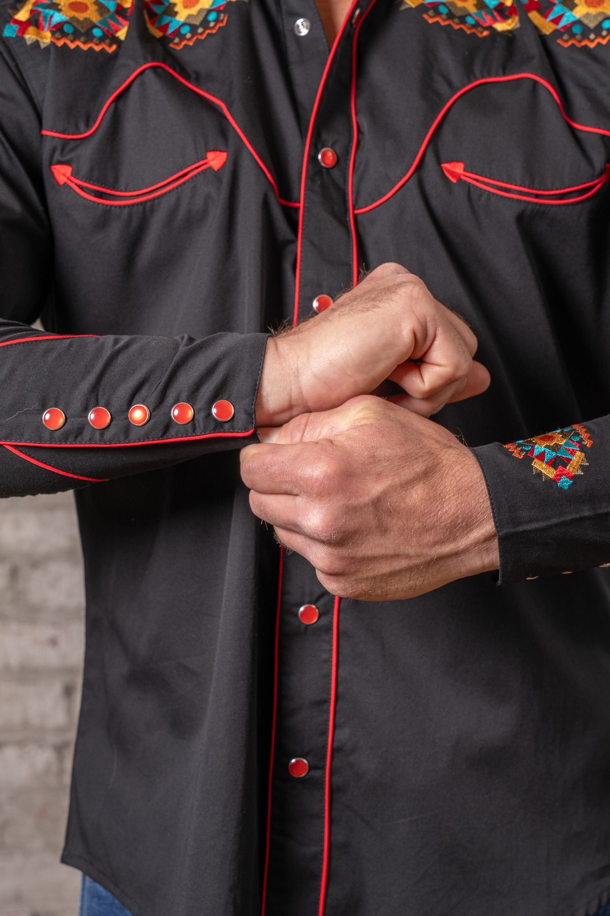 Men's Black Native American Embroidered Western Shirt