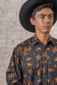 Men’s Black Print Western Shirt