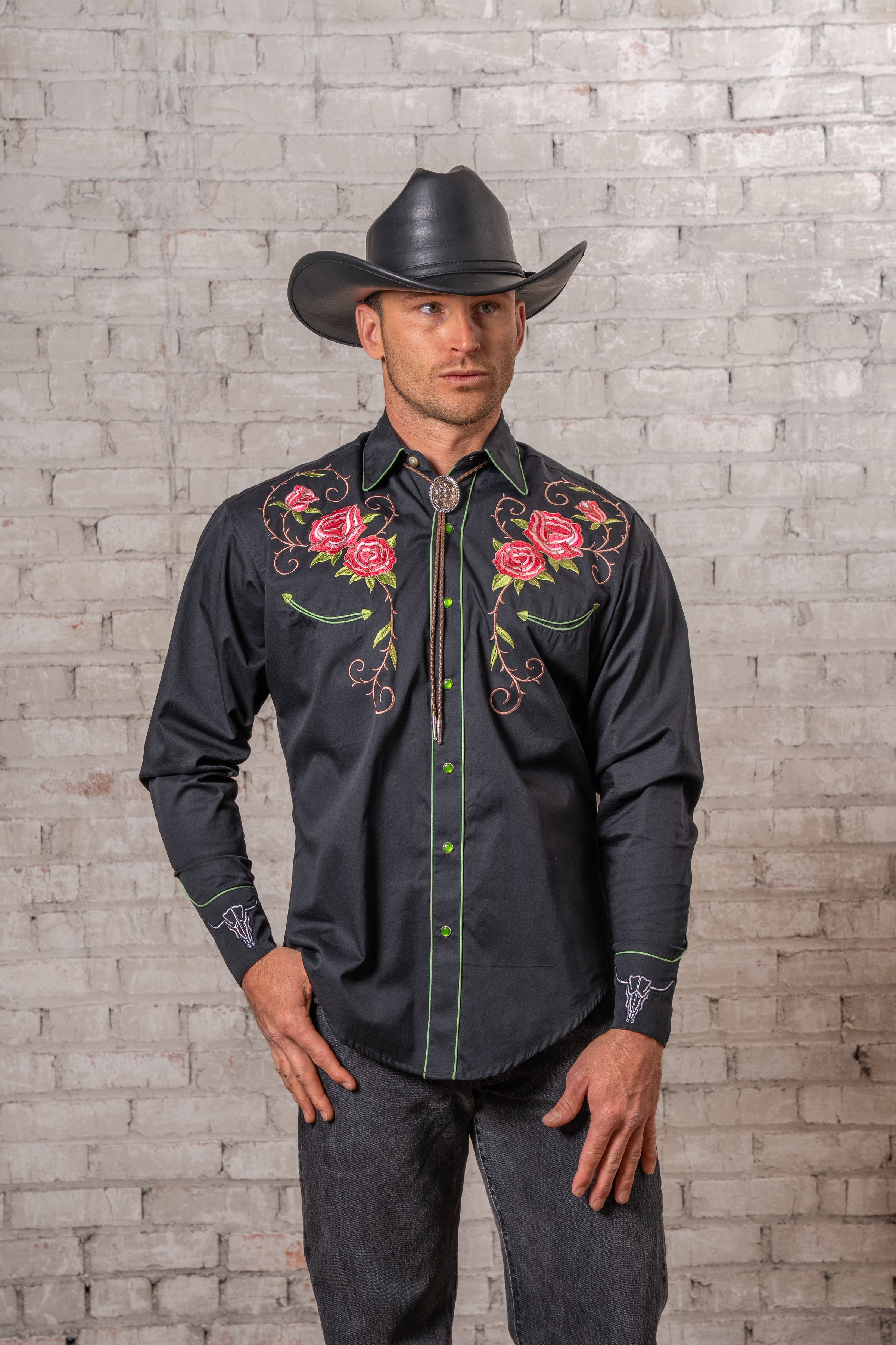 Men’s Black Steer Longhorn & Floral Embroidered Western Shirt