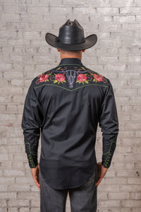 Men’s Black Steer Longhorn & Floral Embroidered Western Shirt