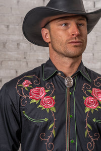 Men’s Black Steer Longhorn & Floral Embroidered Western Shirt