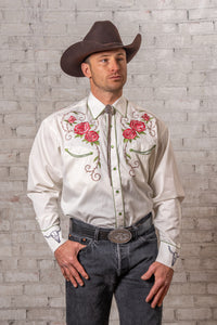 Men’s Longhorn & Floral Embroidered Western Shirt in Ivory
