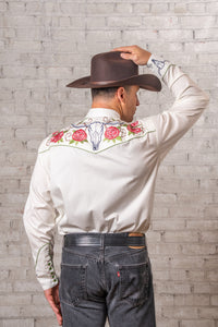 Men’s Longhorn & Floral Embroidered Western Shirt in Ivory