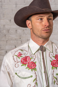 Men’s Longhorn & Floral Embroidered Western Shirt in Ivory