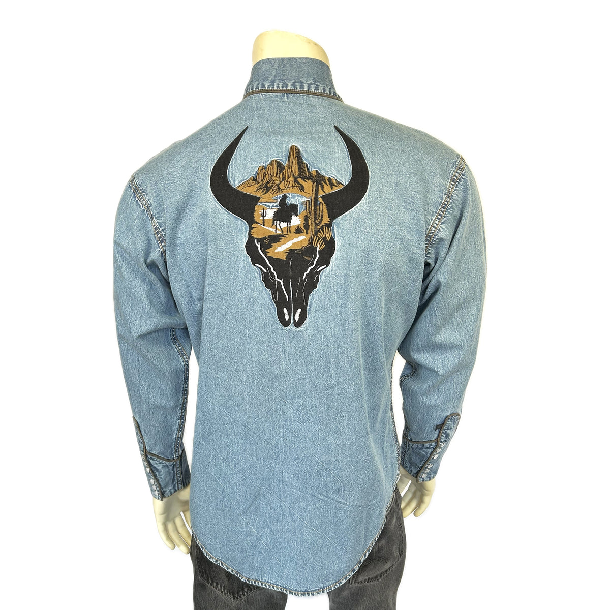 Men’s Denim Bison Skull & Rider Embroidered Western Shirt