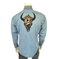 Men’s Denim Bison Skull & Rider Embroidered Western Shirt
