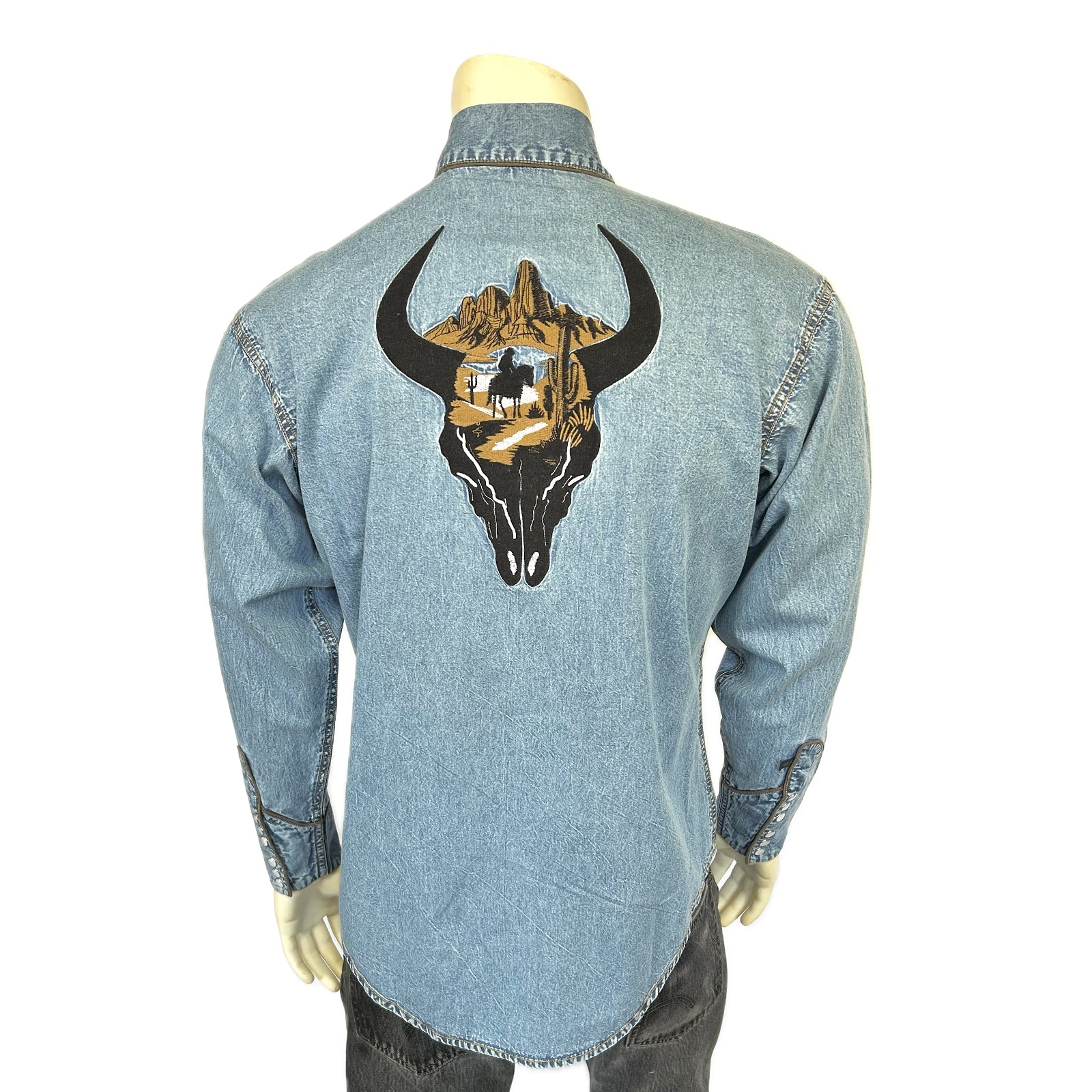 Men’s Denim Bison Skull & Rider Embroidered Western Shirt