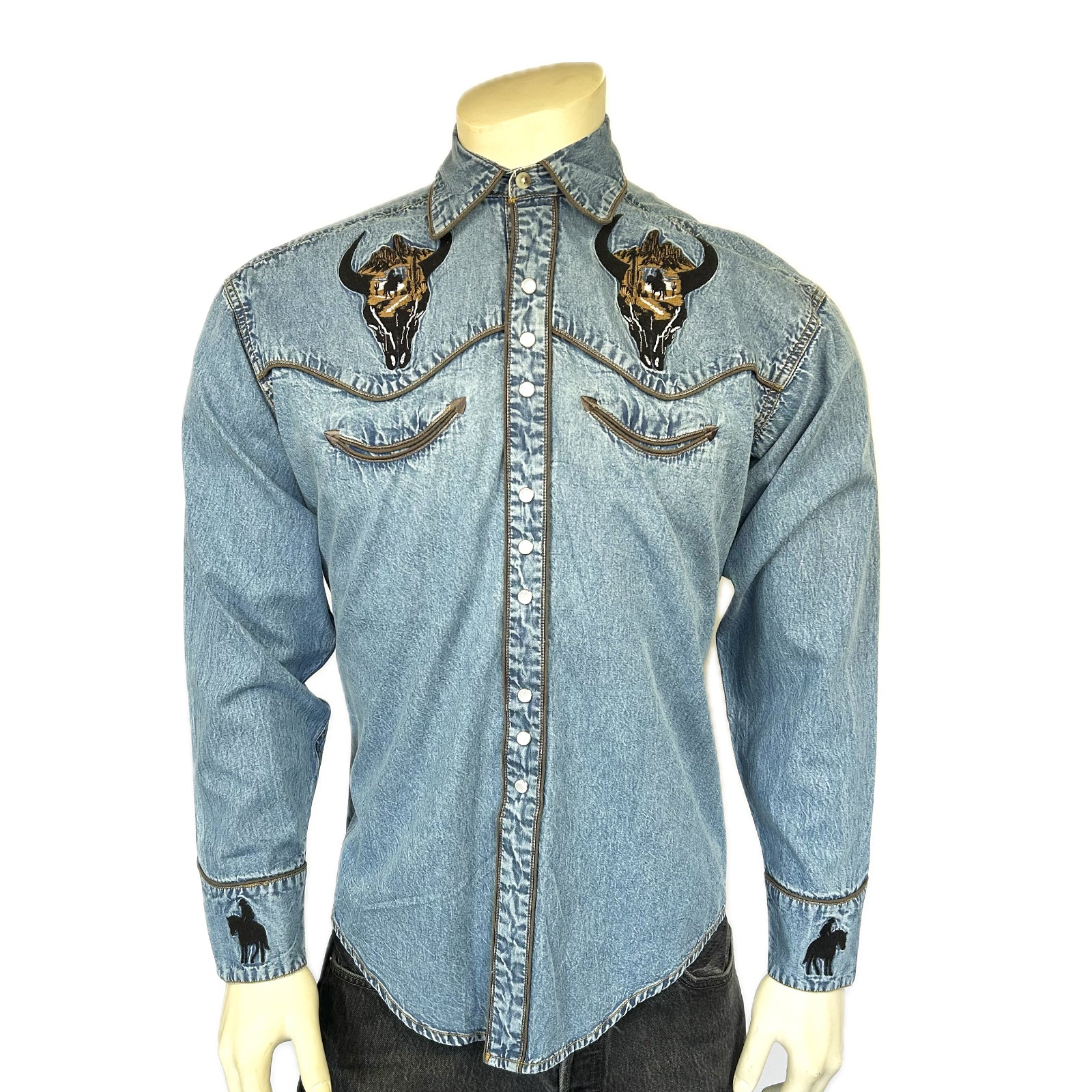Men’s Denim Bison Skull & Rider Embroidered Western Shirt