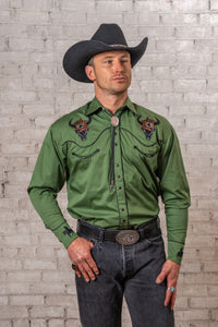 Men’s Green Bison Skull & Rider Embroidered Western Shirt