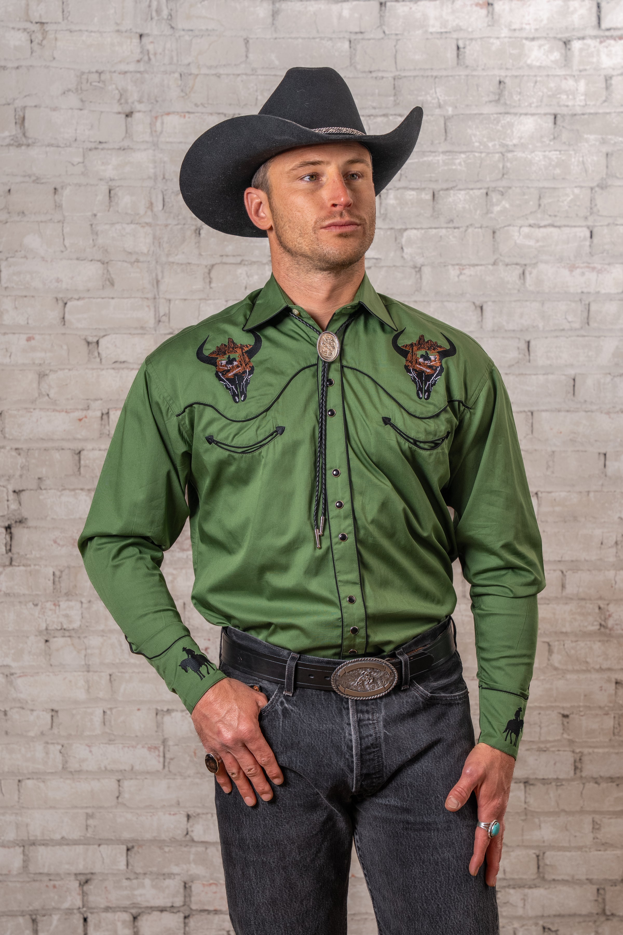 Men’s Green Bison Skull & Rider Embroidered Western Shirt