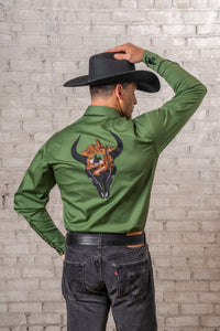 Men’s Green Bison Skull & Rider Embroidered Western Shirt