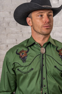 Men’s Green Bison Skull & Rider Embroidered Western Shirt