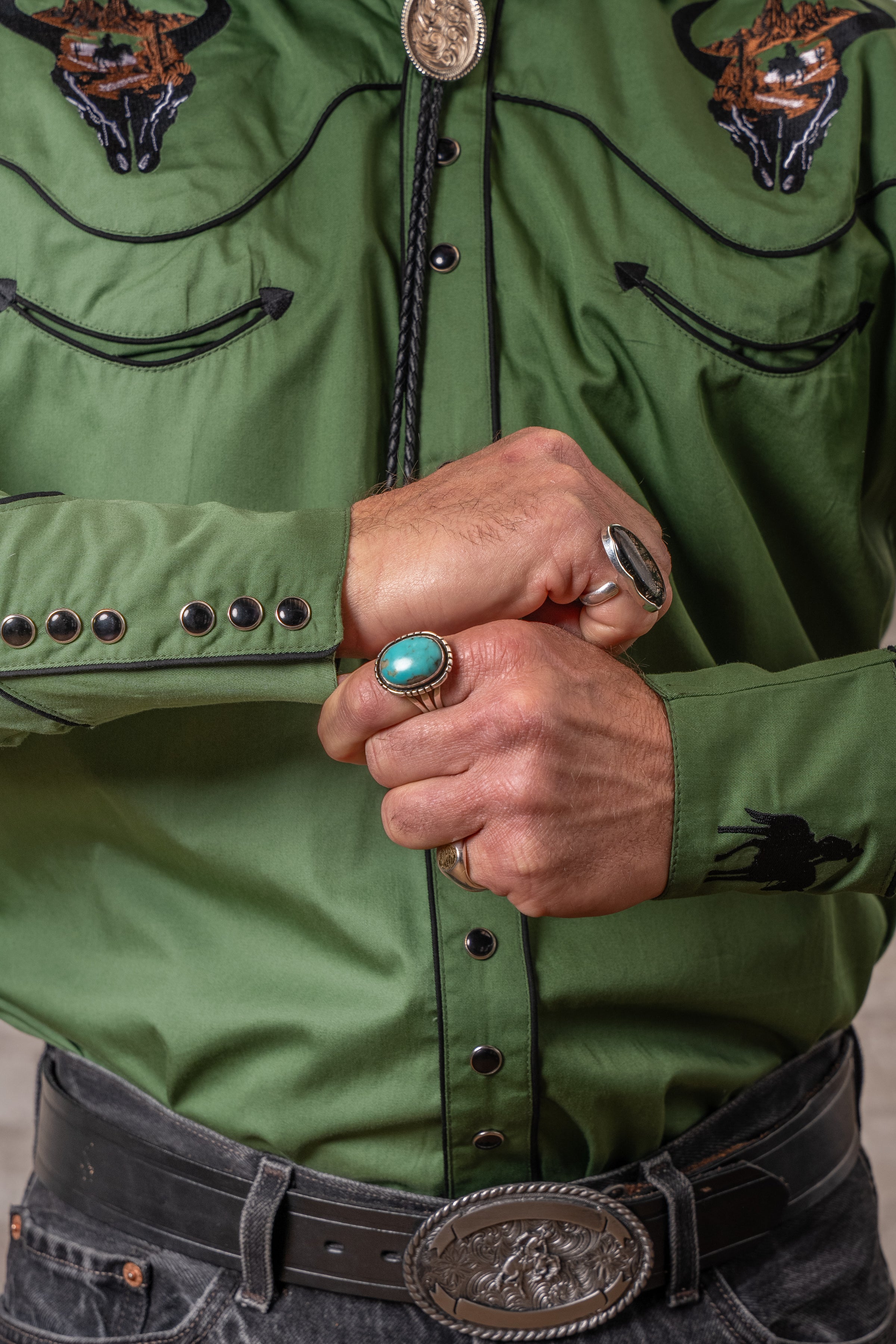 Men’s Green Bison Skull & Rider Embroidered Western Shirt