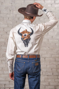 Men’s Ivory Bison Skull & Rider Embroidered Western Shirt