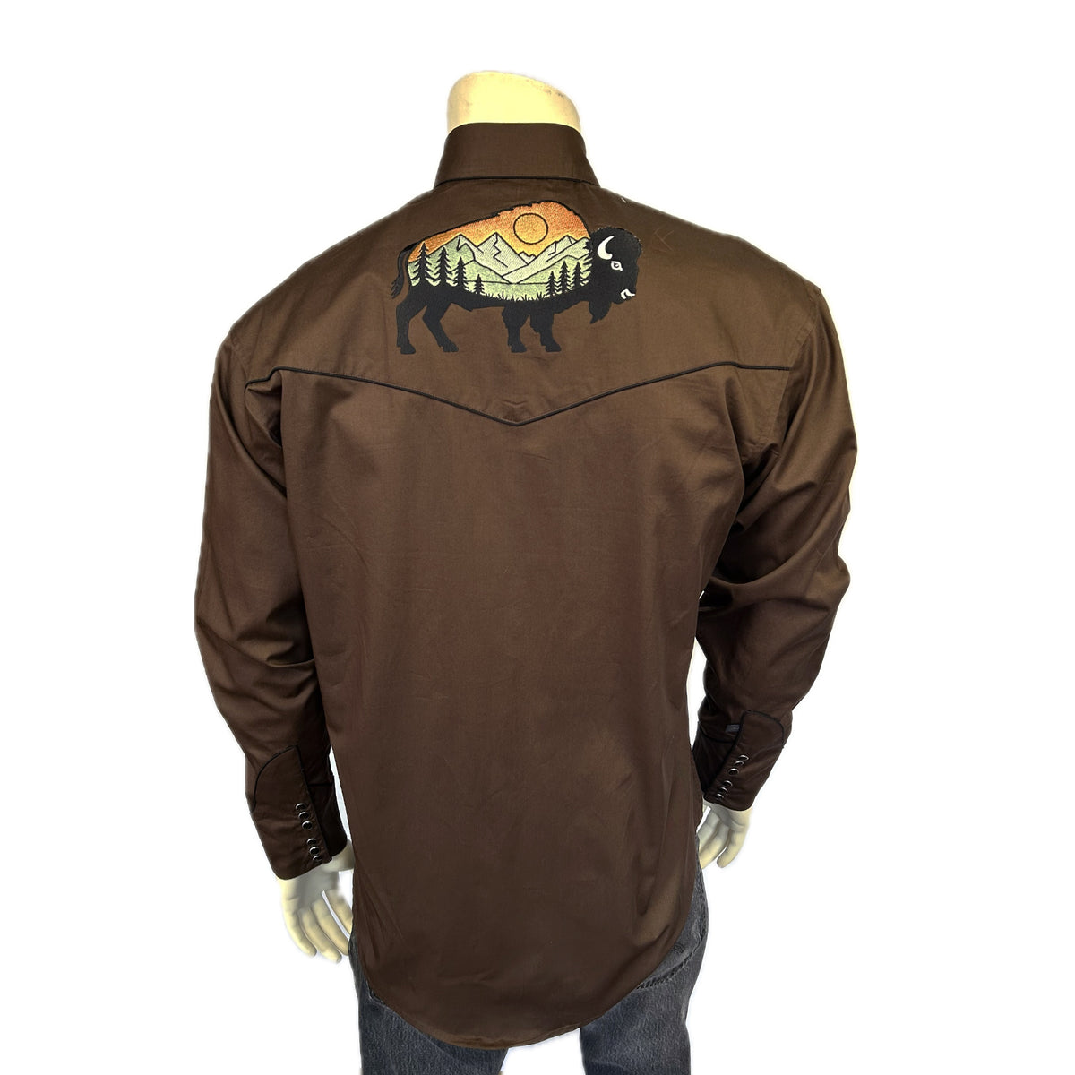 Men’s Brown Bison & Mountain Embroidered Shirt