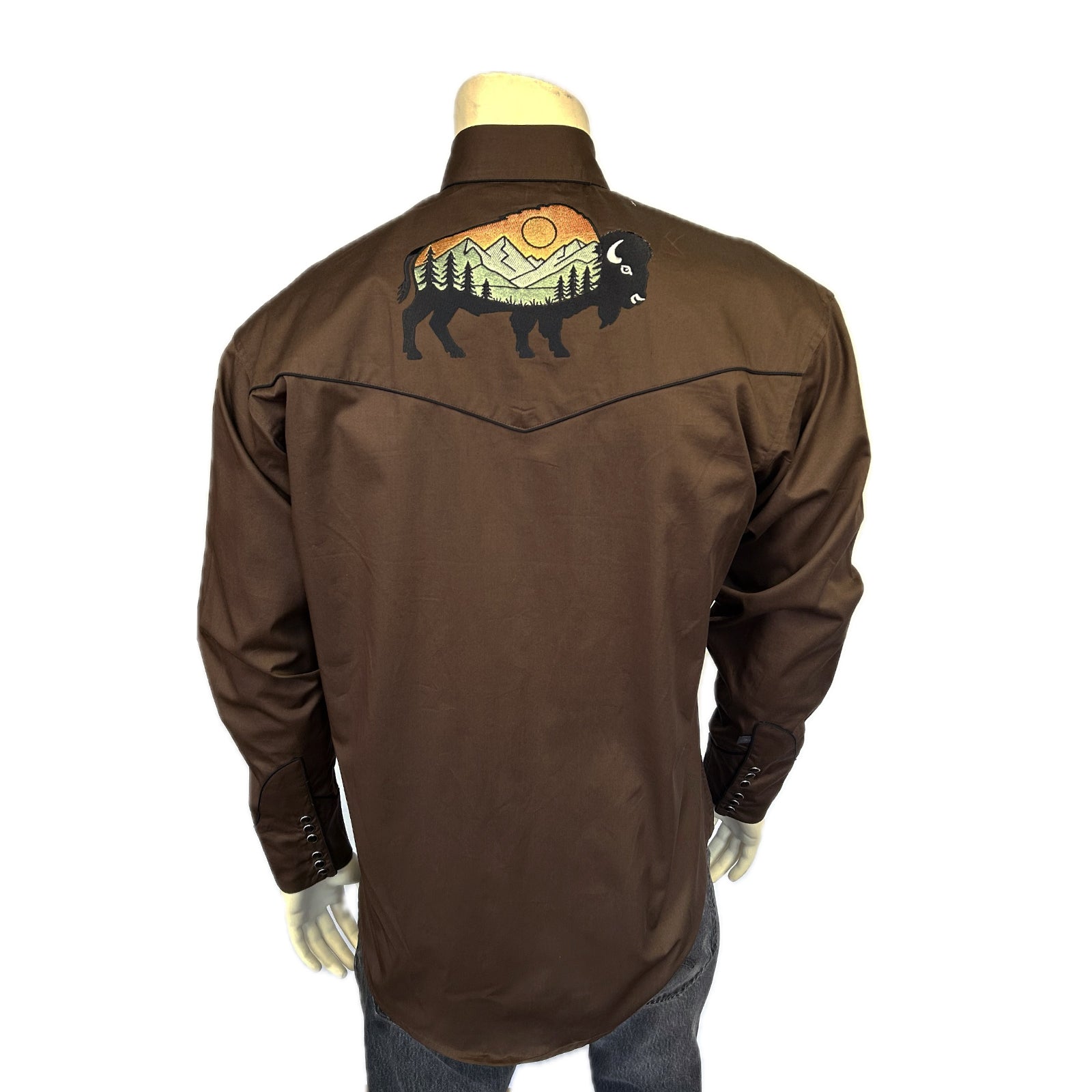 Men’s Brown Bison & Mountain Embroidered Shirt