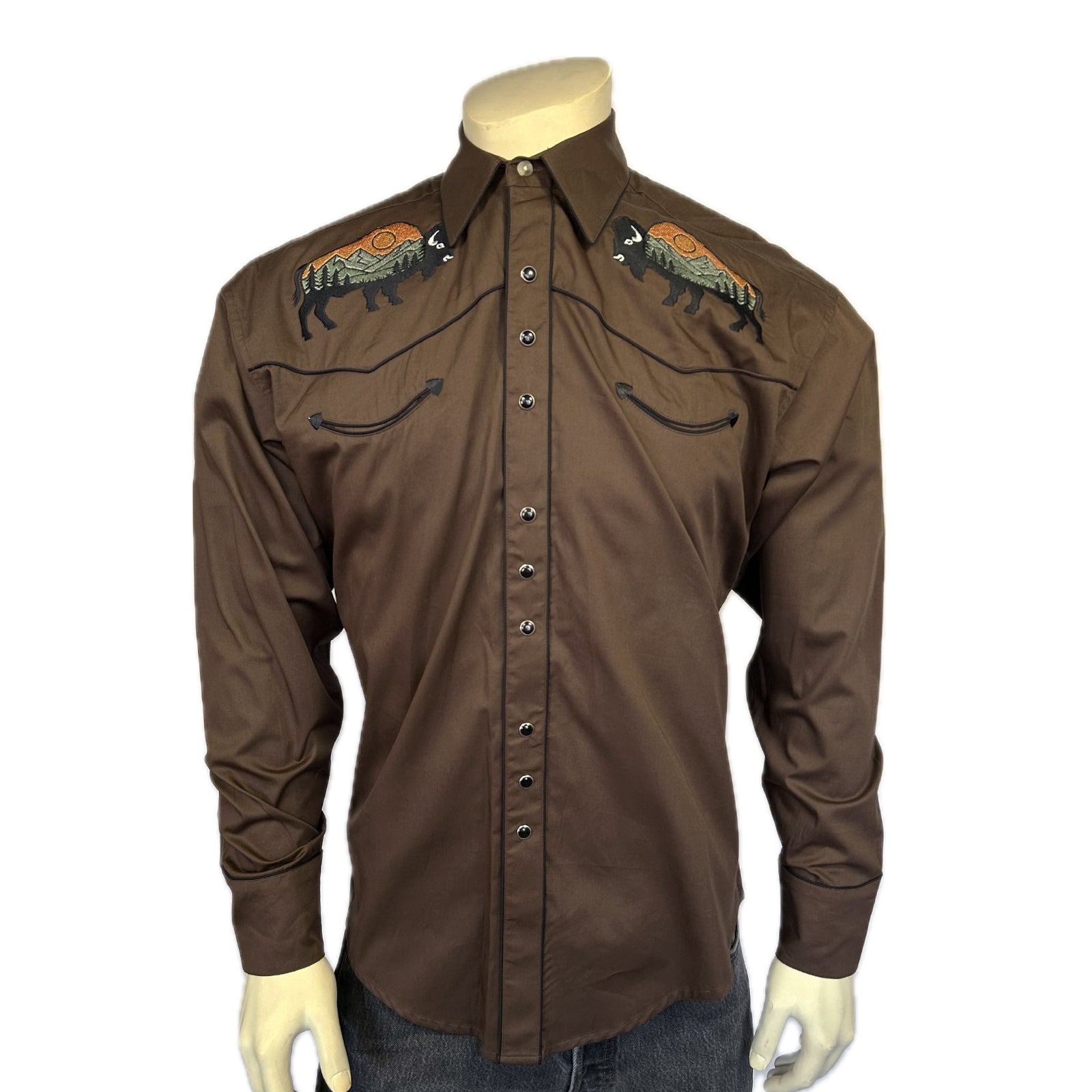 Men’s Brown Bison & Mountain Embroidered Shirt